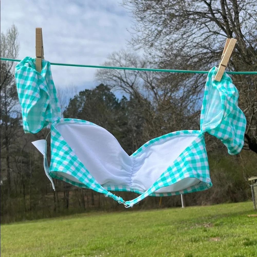 NWT $62 Gingham Off-The-Shoulder Bandeau Bikini Top in Aqua Mist by Lauren James